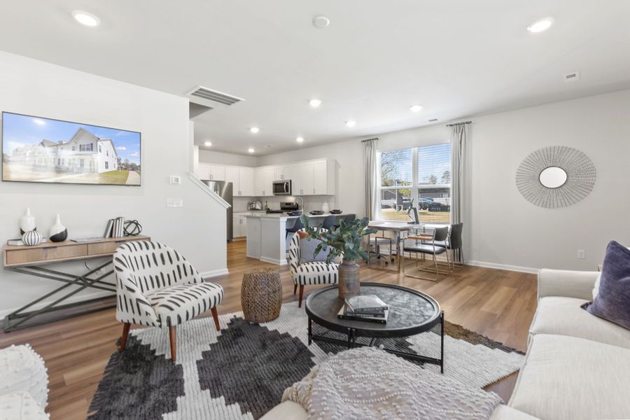A living room with a large window.