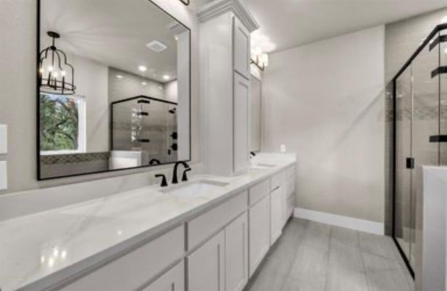 Bathroom featuring a shower stall and double vanity