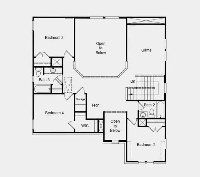 Second Floor Plan - Additional Highlights Include: Downstairs bedroom in place of study, full bath in place of powder room, slide-in tub at primary suite, upgraded mahogany front door, bench at owner's entry, and gas drop at patio