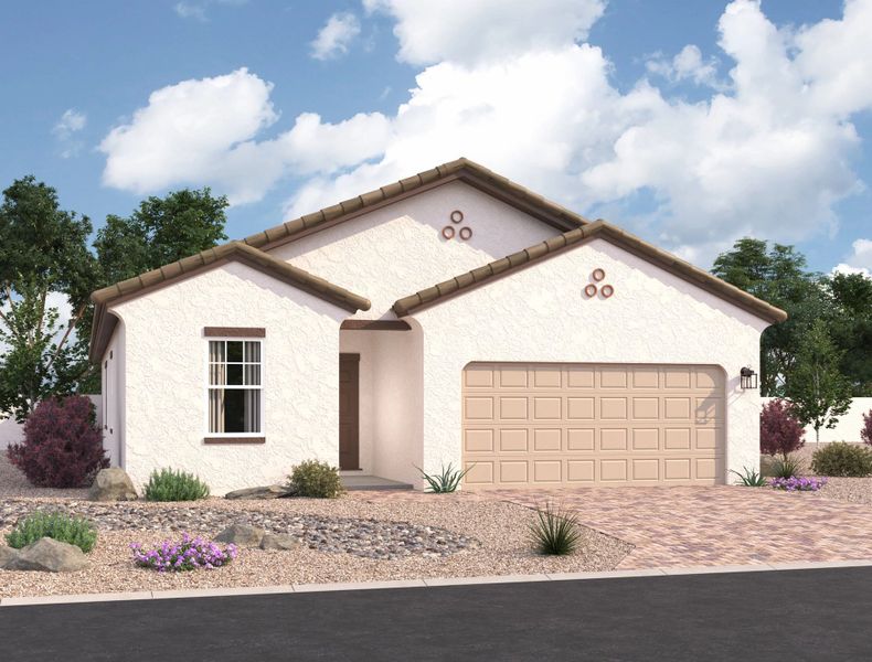 Front exterior of a new home in The Trails, Phoenix, AZ, highlighting curb appeal (Image 1). Front exterior of a new home in The Trails, Phoenix, AZ, highlighting curb appeal (Image 1).