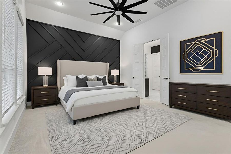 Bedroom with light colored carpet, a ceiling fan, recessed lighting, and an accent wall Bedroom with light colored carpet, a ceiling fan, recessed lighting, and an accent wall