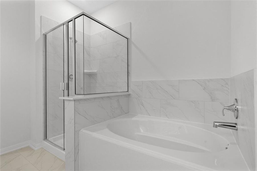 Another view of the primary bathroom featuring the walk-in shower and oversized garden tub.