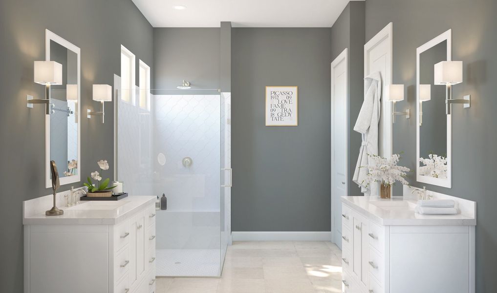 Primary bath with freestanding vanities