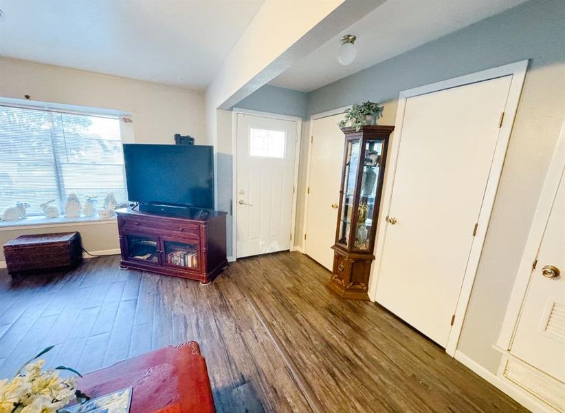Living room with healthy amount of natural light and dark wood-style flooring