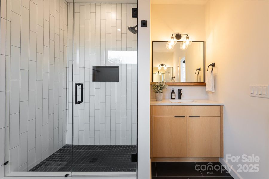 Dual vanities with walk in shower Dual vanities with walk in shower