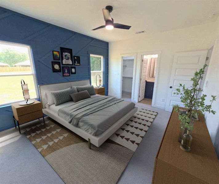 Bedroom with carpet flooring, a spacious closet, ceiling fan, and connected bathroom Bedroom with carpet flooring, a spacious closet, ceiling fan, and connected bathroom