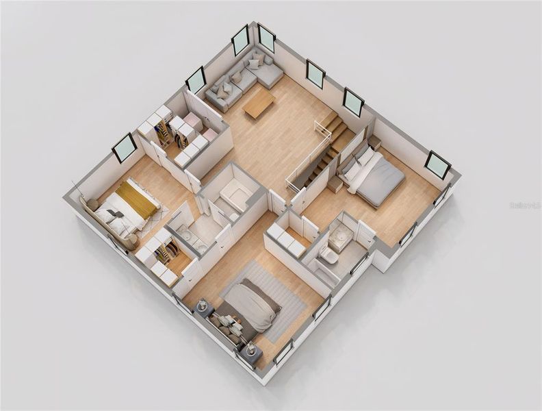 Second floor: 2BR/2BA + loft + office (flex BR). Second floor: 2BR/2BA + loft + office (flex BR).