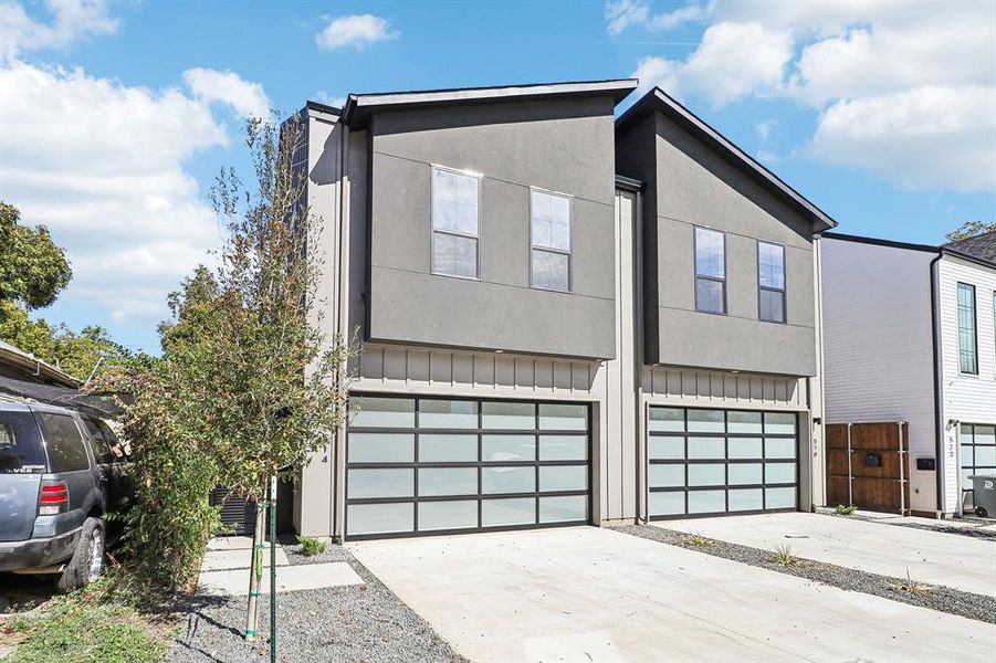 Modern home featuring a garage