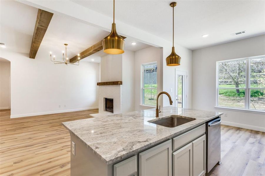 Kitchen with light hardwood / wood-style flooring, dishwasher, a fireplace, sink, and a kitchen island with sink