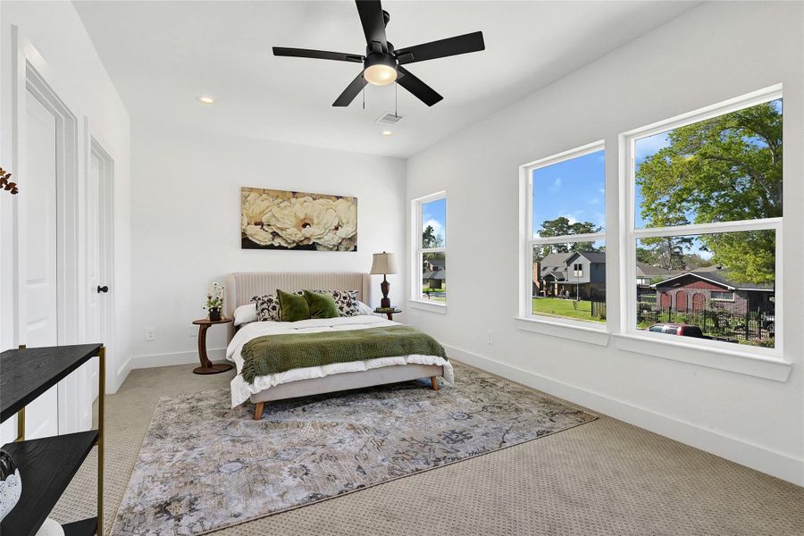 Primary suite with plush carpet and ceiling fan.