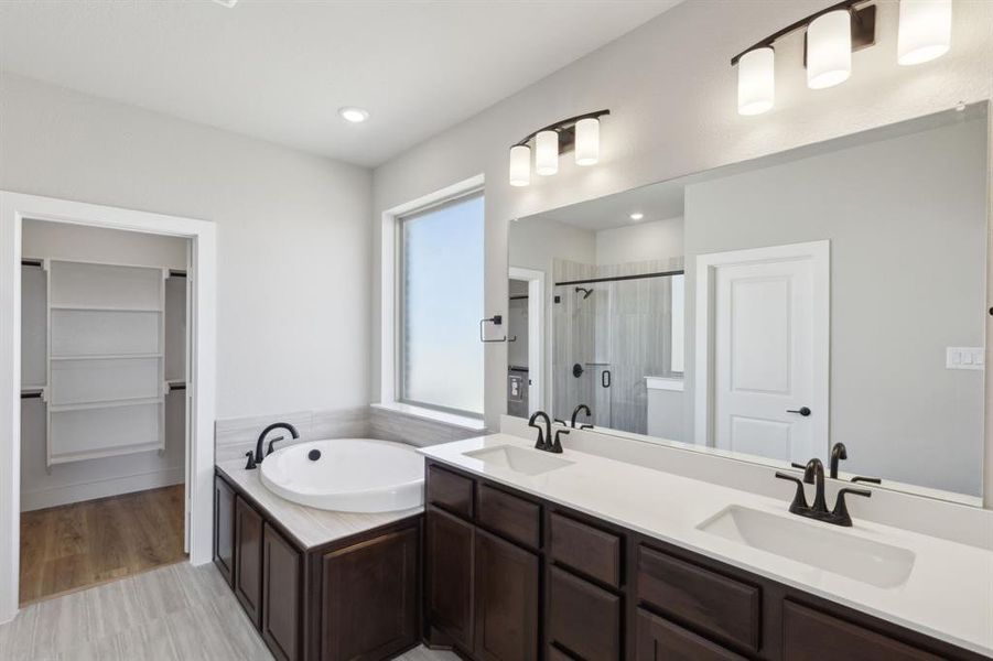 Full bath featuring a bath, a shower stall, double vanity, and a sink