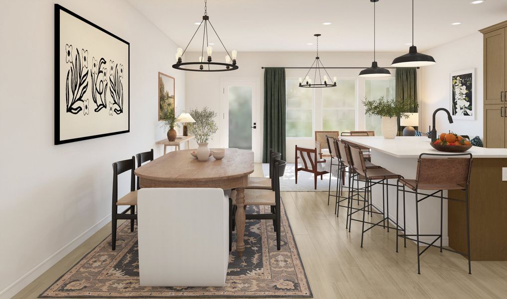 Cozy dining area with chandelier and luxurious wood flooring