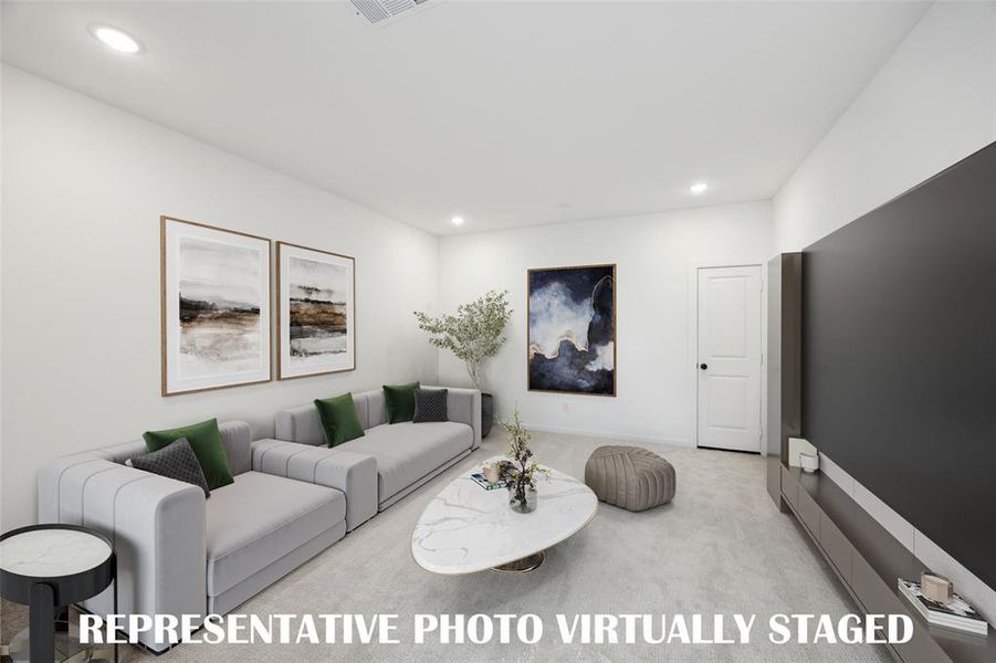 Family movie night has never been more fun in this fantastic media room!  REPRESENTATIVE PHOTO VIRTUALLY STAGED