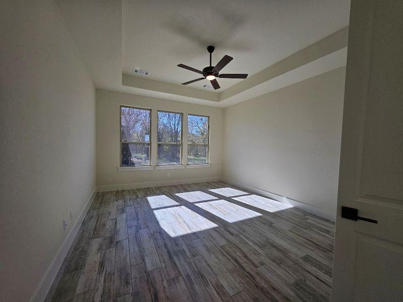 Empty room with a raised ceiling, wood finished floors, and a ceiling fan