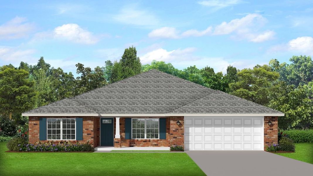 Front exterior of a new home in Pecan Valley, Cantonment, FL, highlighting curb appeal (Image 1).