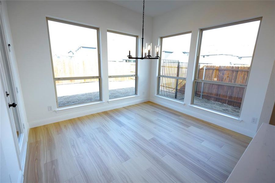 Unfurnished dining area featuring a chandelier, a wealth of natural light, and light hardwood / wood-style floors