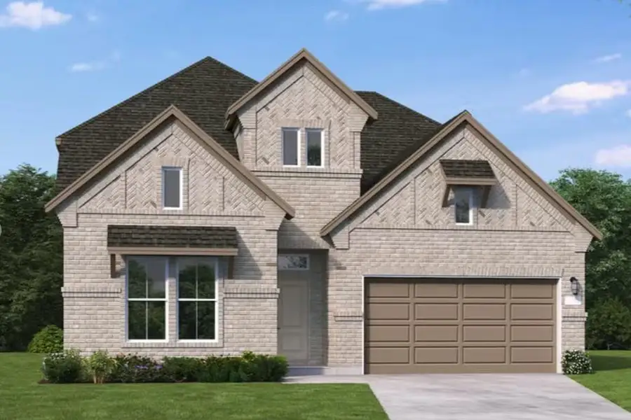 Front exterior of a new home in Valencia, Manvel, TX, highlighting curb appeal (Image 1). Front exterior of a new home in Valencia, Manvel, TX, highlighting curb appeal (Image 1).