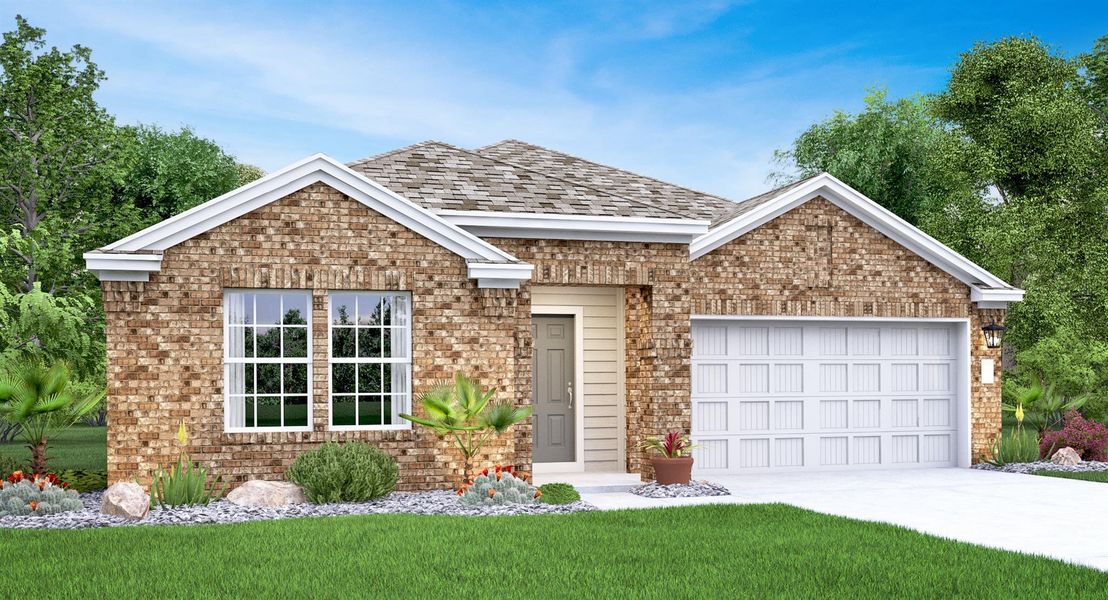 Front exterior of a new home in Meadowlark Preserve: Highlands Collection, Pflugerville, TX, highlighting curb appeal (Image 2).
