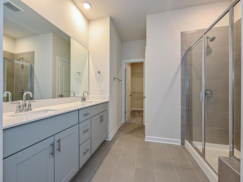 The primary bath offers dual vanity sinks and walk-in shower.