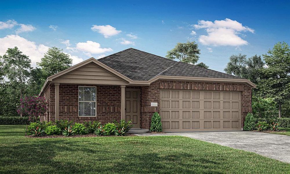 View of front of home with a garage and a front lawn