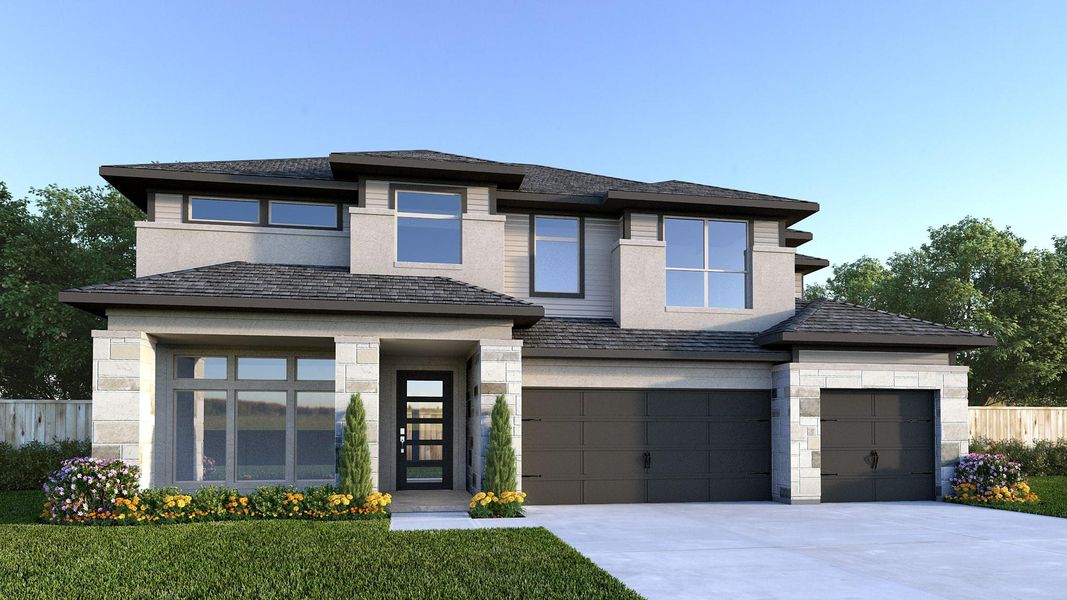 Front exterior of a new home in Easton Park, Austin, TX, highlighting curb appeal (Image 1). Front exterior of a new home in Easton Park, Austin, TX, highlighting curb appeal (Image 1).