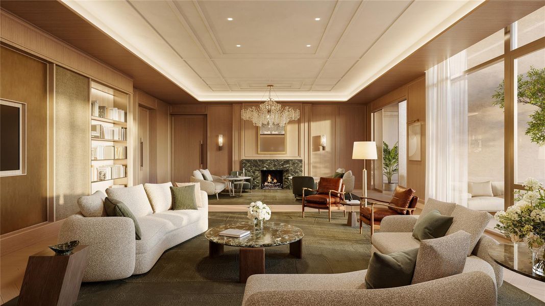 The grand lounge, featuring a striking fireplace and a fully equipped kitchen ideal for hosting events and private gatherings. The level also includes two meeting rooms and a conference room to accommodate business needs, along with a terrace off the lounge offering exceptional city views.