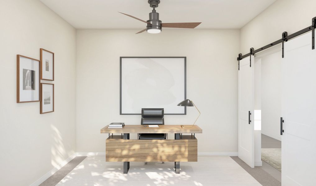 Home office off foyer with double barn doors