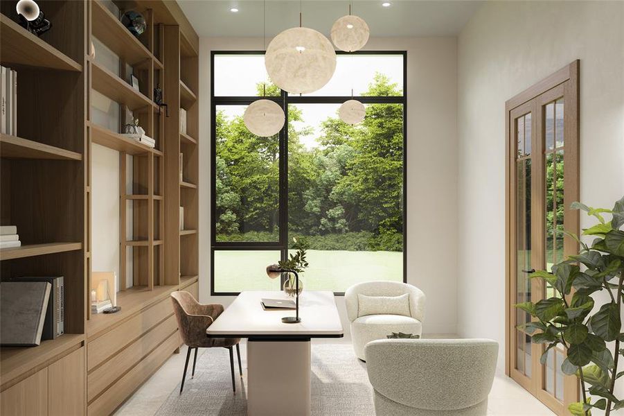 Floor-to-ceiling window framing outdoor greenery, integrated wood-finish shelving, multiple pendant light fixtures, and double paneled doors with clear glass inserts