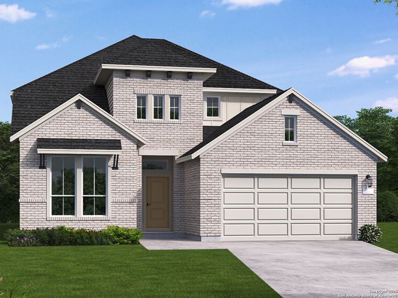 Front exterior of a new home in Mayfair, New Braunfels, TX, highlighting curb appeal (Image 1).
