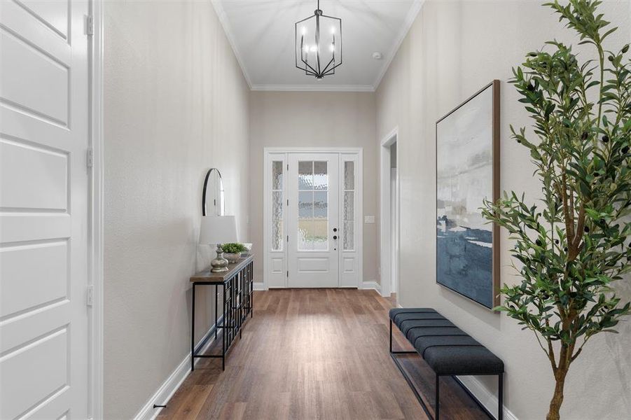 Doorway with baseboards, a chandelier, ornamental molding, and wood finished floors