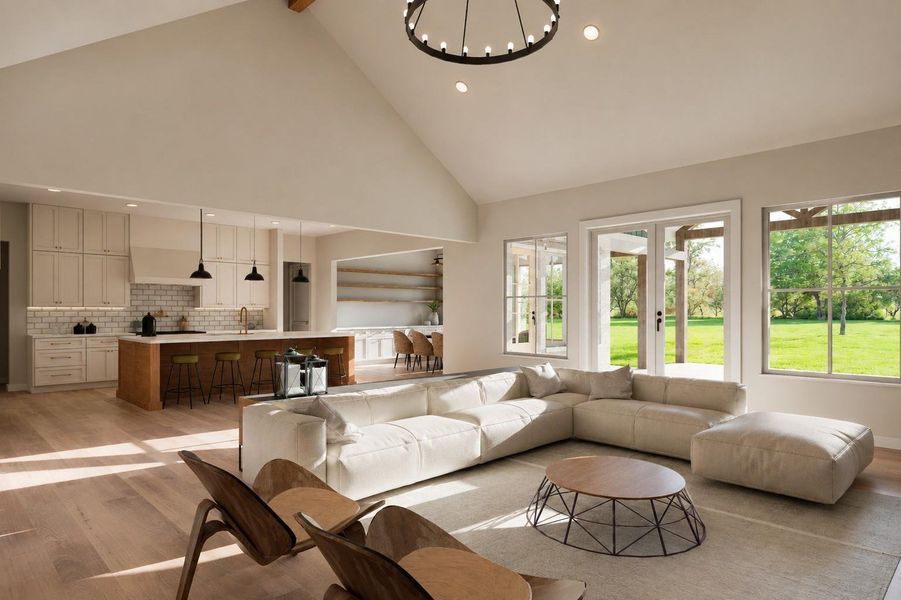 Rendering of the living room looking back in to the kitchen.