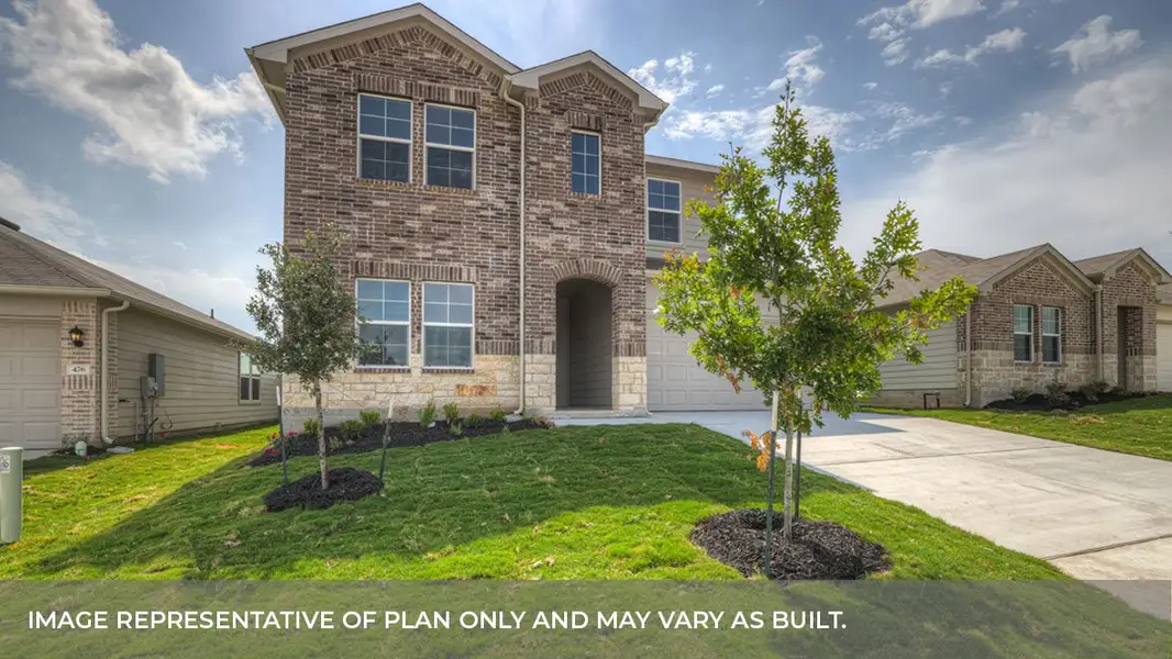 Front exterior of a new home in Arroyo Ranch, Seguin, TX, highlighting curb appeal (Image 2). Front exterior of a new home in Arroyo Ranch, Seguin, TX, highlighting curb appeal (Image 2).