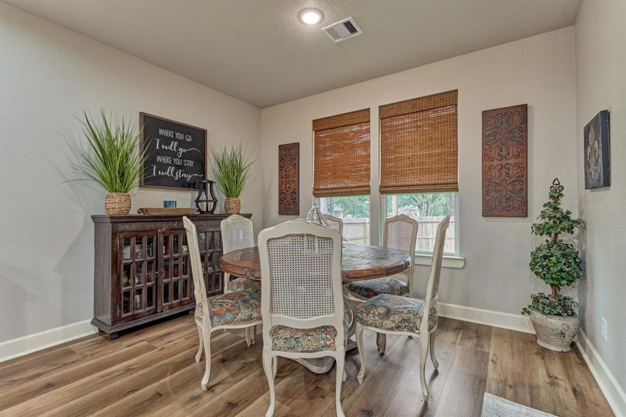 The breakfast room allows for natural light and views of the backyard. The breakfast room allows for natural light and views of the backyard.