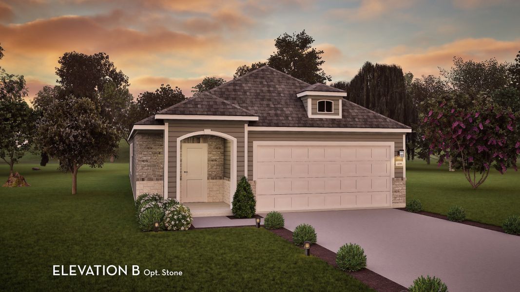 Front exterior of a new home in The Reserve at Huntsville, Huntsville, TX, highlighting curb appeal (Image 2). Front exterior of a new home in The Reserve at Huntsville, Huntsville, TX, highlighting curb appeal (Image 2).