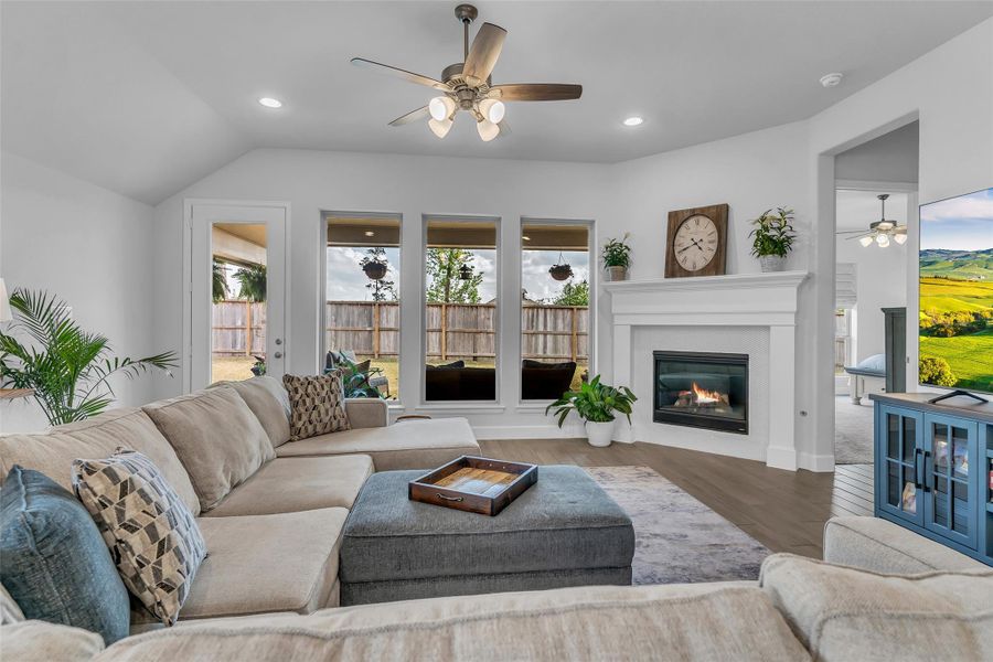 Fireplace with wooden mantle and tile