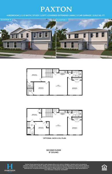 2D floor plan layout for the Paxton by Hartizen Homes in Eden Crest, Apopka, FL (Image 4).