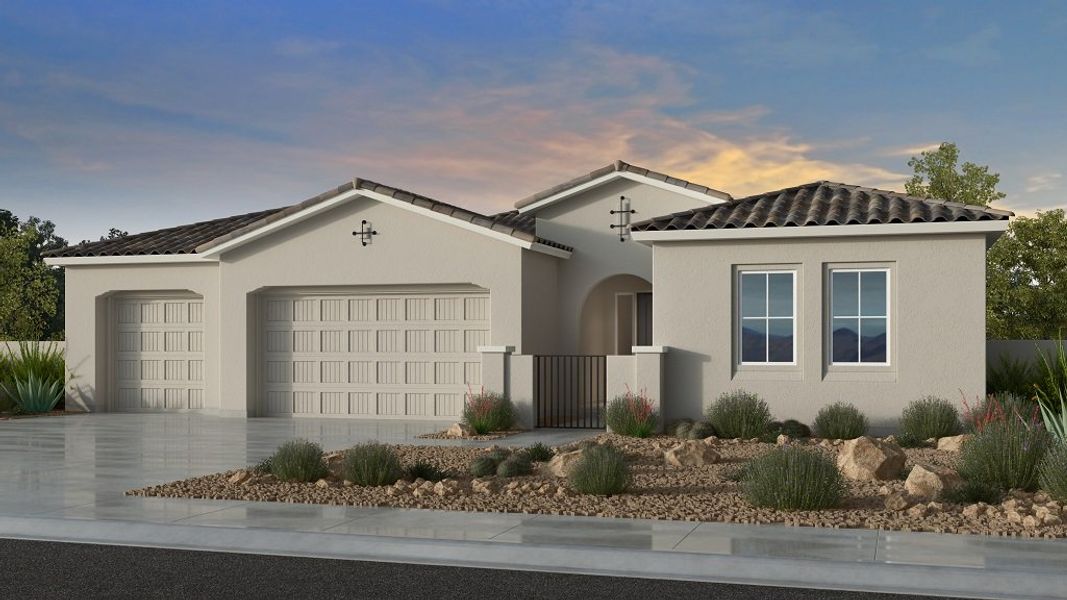 Front exterior of a new home in Legado, Queen Creek, AZ, highlighting curb appeal (Image 1). Front exterior of a new home in Legado, Queen Creek, AZ, highlighting curb appeal (Image 1).