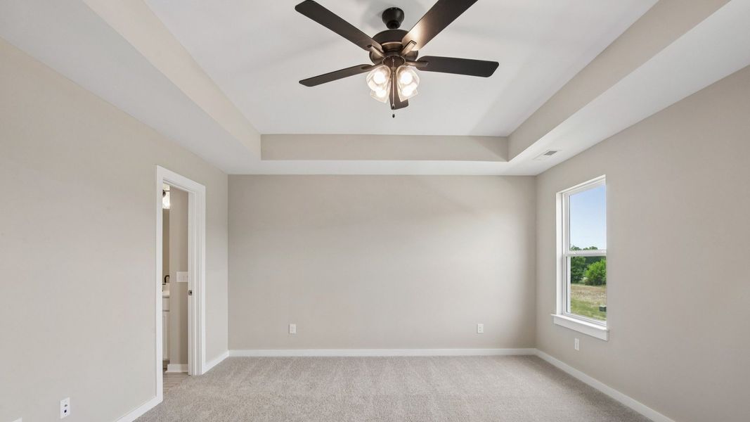 Bedroom with tray ceiling, windows, and ceiling fan Bedroom with tray ceiling, windows, and ceiling fan