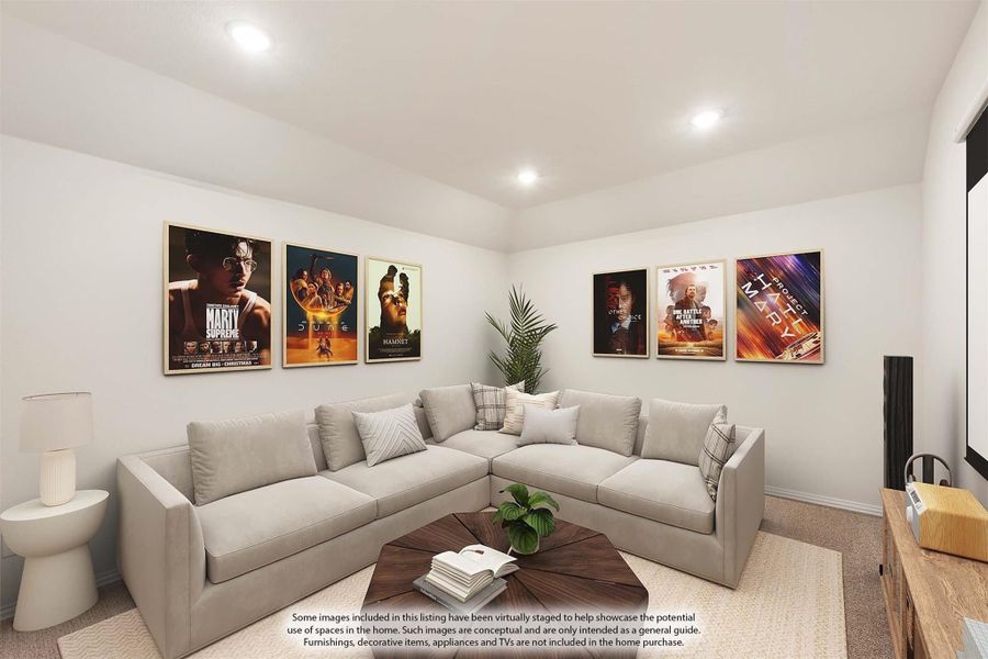 Media room with sectional sofa, projection screen, and movie posters on white walls Media room with sectional sofa, projection screen, and movie posters on white walls