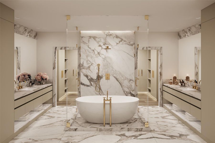 Luxurious bathrooms appointed in gold fixtures, a vast selection of stone, porcelains, and/or all to your design specification. Luxurious bathrooms appointed in gold fixtures, a vast selection of stone, porcelains, and/or all to your design specification.