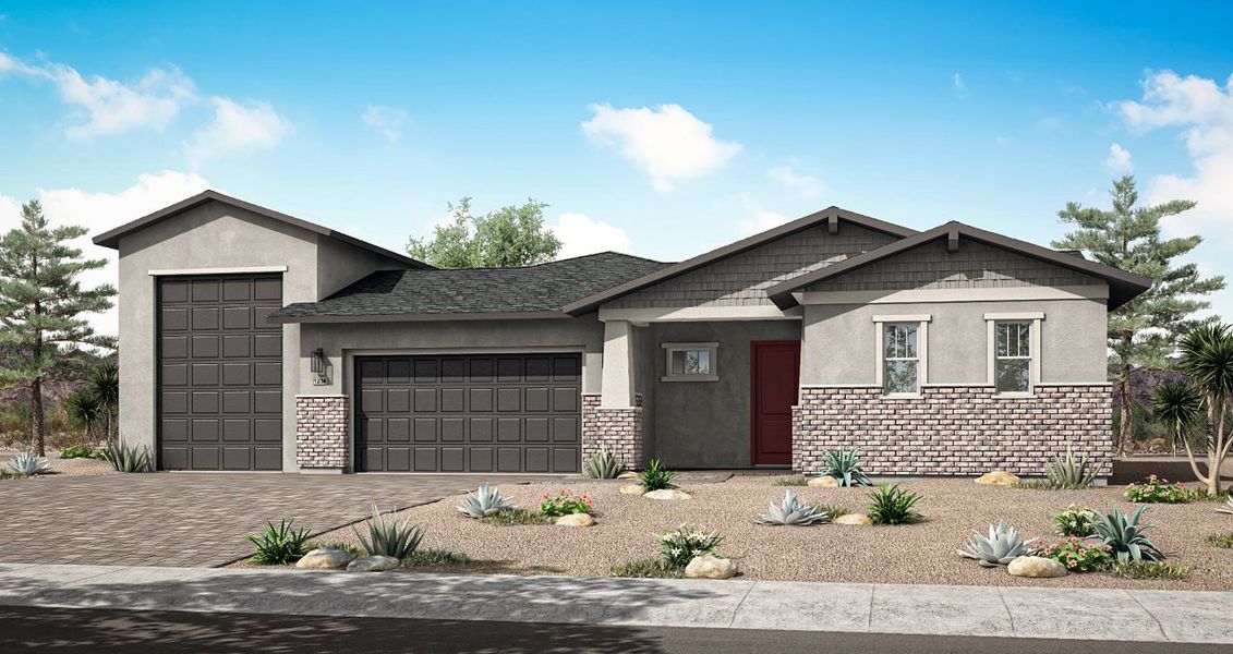 Front exterior of a new home in Overlook at The Dells, Prescott, AZ, highlighting curb appeal (Image 18).