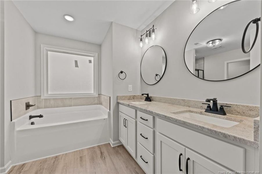 Double vanity, garden tub
