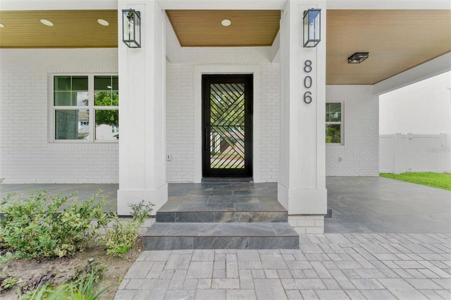 decorative beadboard ceiling in a warm wood finish