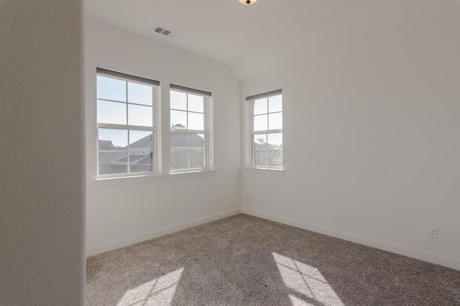 Carpeted spare room with lofted ceiling