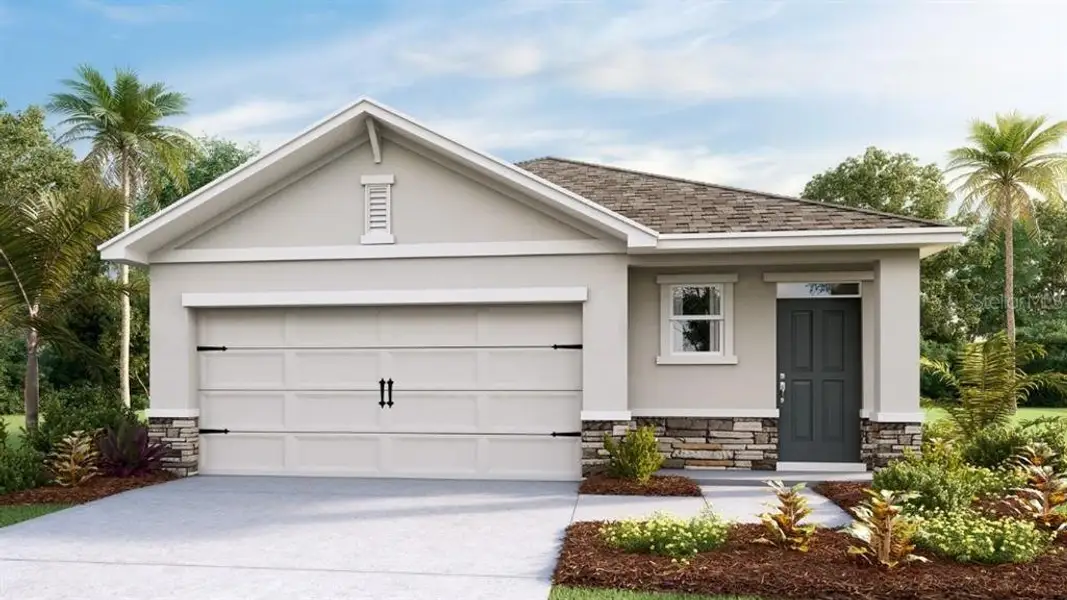 Front exterior of a new home in Angeline, Land O' Lakes, FL, highlighting curb appeal (Image 1).