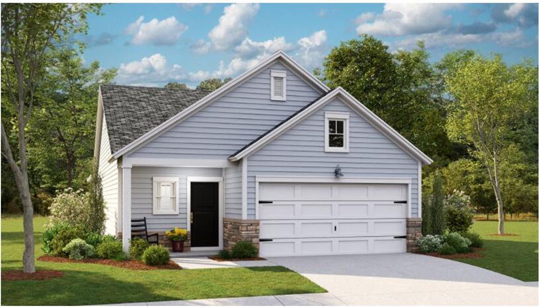 Front exterior of a new home in Horizons at Carnes Crossroads | 55+: Cottage Collection, Summerville, SC, highlighting curb appeal (Image 1). Front exterior of a new home in Horizons at Carnes Crossroads | 55+: Cottage Collection, Summerville, SC, highlighting curb appeal (Image 1).