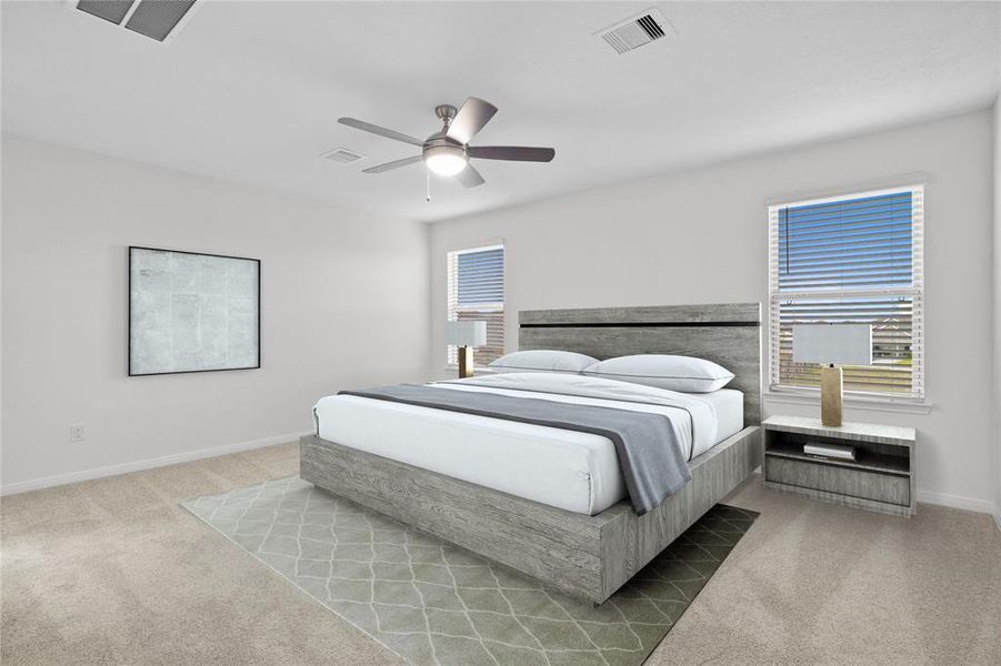 Come and unwind after a long day in this magnificent primary suite! This spacious room features plush carpet, warm paint, high ceilings with ceiling fan, and large windows with privacy blinds.