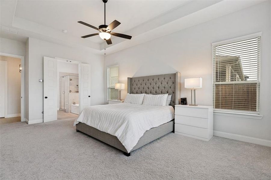 Spacious bedroom featuring plush carpeting, a tray ceiling with a ceiling fan, two windows with blinds, and white bi-fold doors opening to a bathroom with a glass-enclosed shower