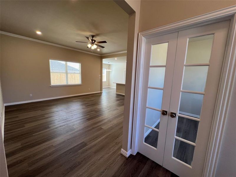 Spare room featuring french doors, dark hardwood / wood-style flooring, ceiling fan, and crown molding