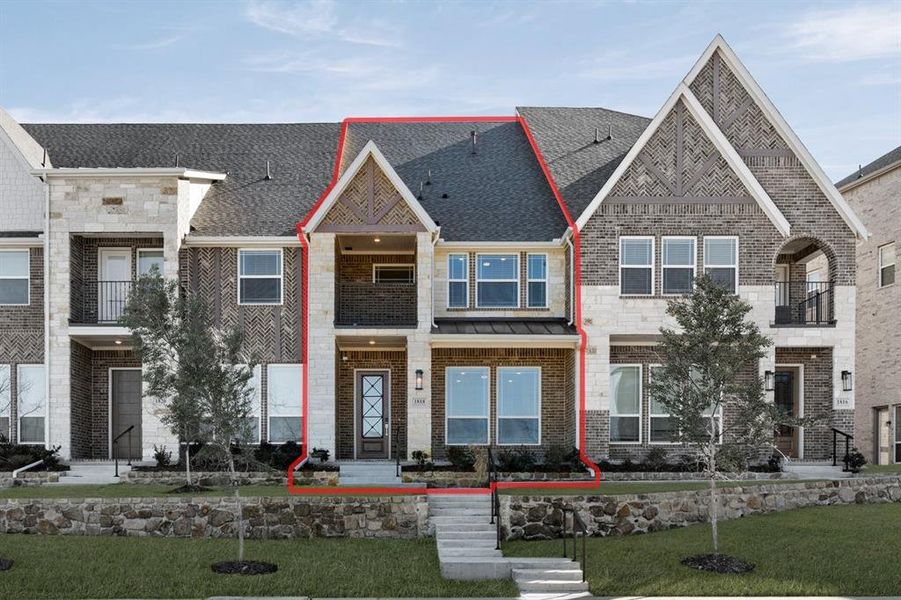 Front exterior of a new home in The Abbey at Mercer Crossing, Farmers Branch, TX, highlighting curb appeal (Image 21).